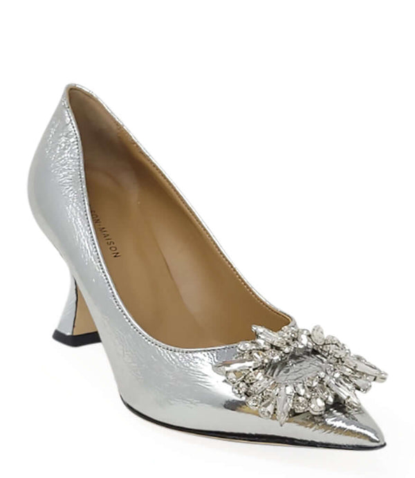 Silver leather pointed-toe pump with jeweled applique at toe and kitten heel