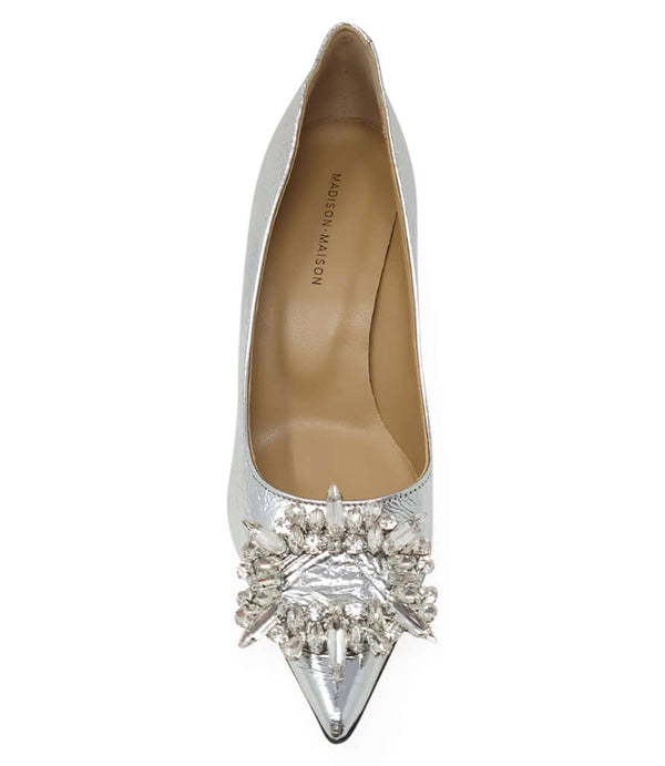 Silver leather pointed-toe pump with jeweled bow detail and kitten heel