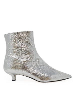 Silver metallic ankle boot with pointed toe and low kitten heel