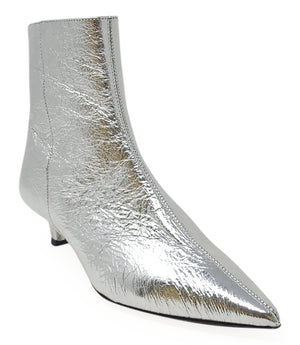 Silver metallic side-zip ankle boot with pointed toe and low heel