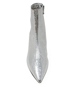 Silver metallic ankle boot with pointed toe and side zipper, low kitten heel