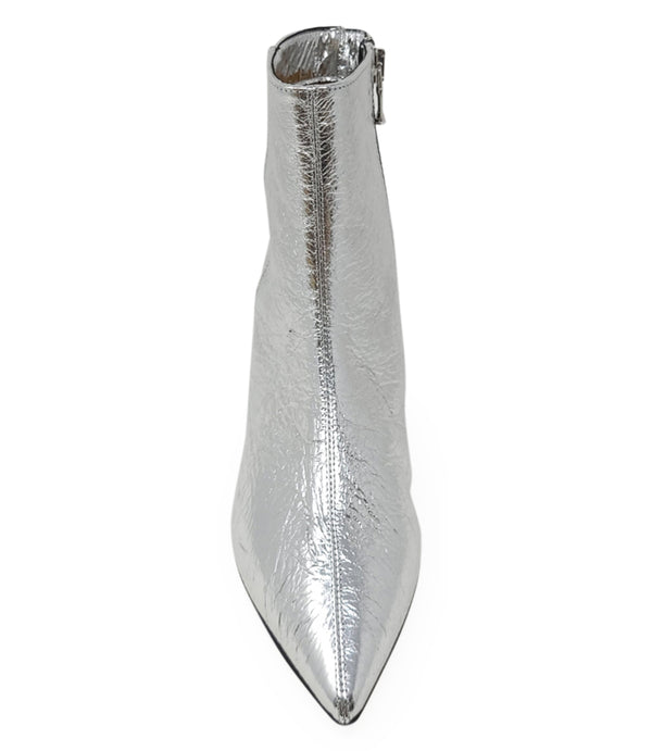 Silver metallic ankle boot with pointed toe and side zipper, low kitten heel