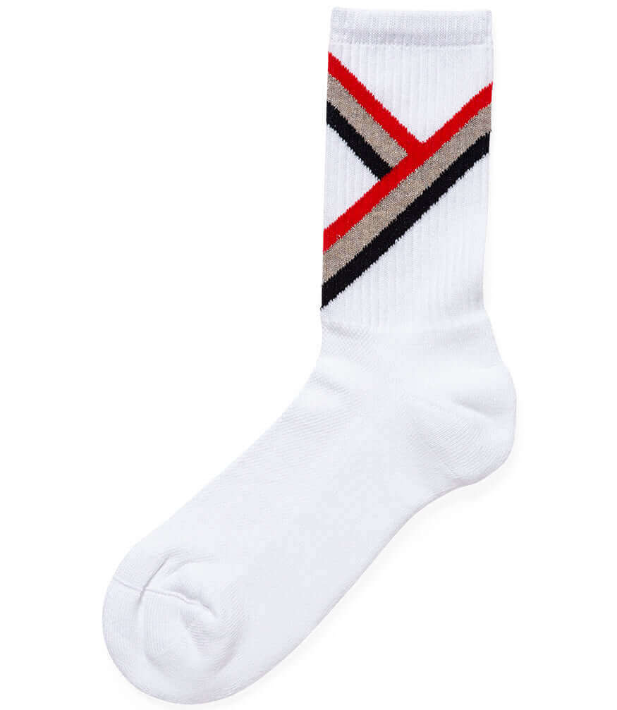 White crew socks with red and black diagonal stripe at the cuff