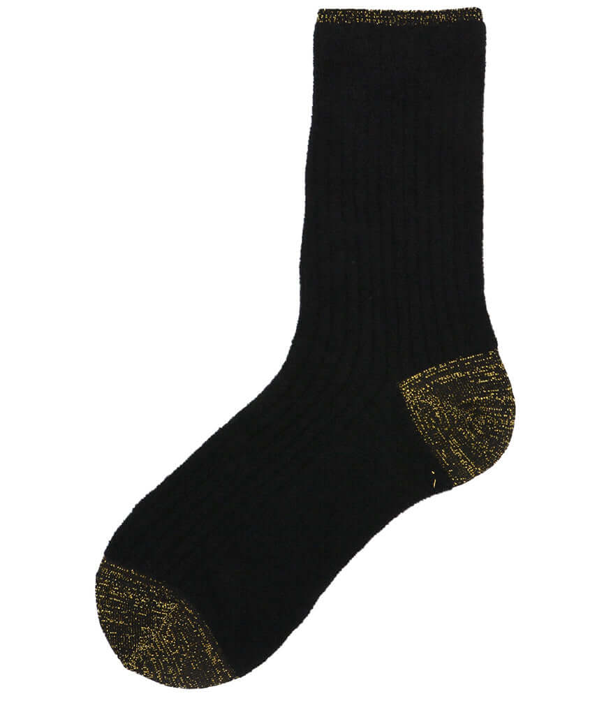 Black short socks with gold-toned toe, heel, and cuff trim