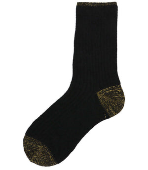 Black short socks with gold-toned toe, heel, and cuff trim