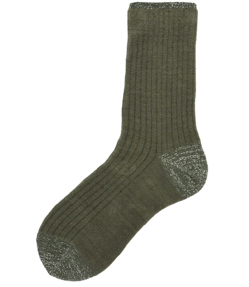 Short ribbed socks, dark olive/gray with speckled knit toe and heel.