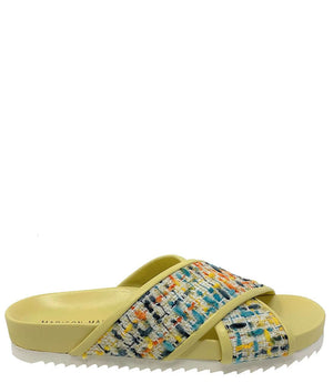 Yellow slide cross sandal with multicolor woven straps and textured footbed