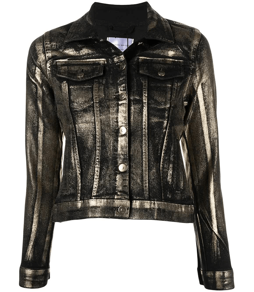 Gold-and-black metallic denim jacket with button front and flap chest pockets