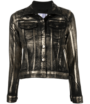 Gold-and-black metallic denim jacket with button front and flap chest pockets