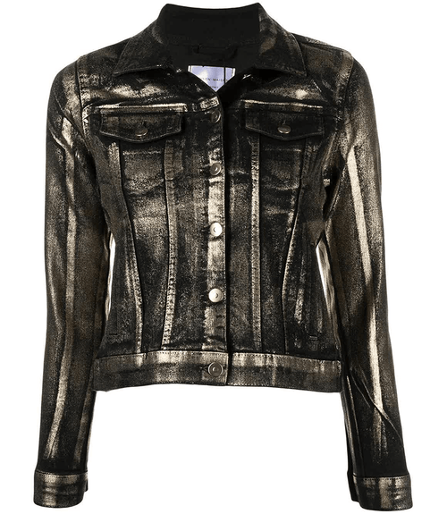 Gold-and-black metallic denim jacket with button front and flap chest pockets