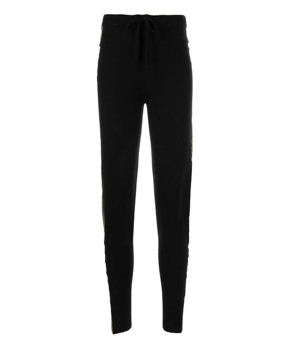 Black cashmere sweat pants with drawstring waistband and tapered legs