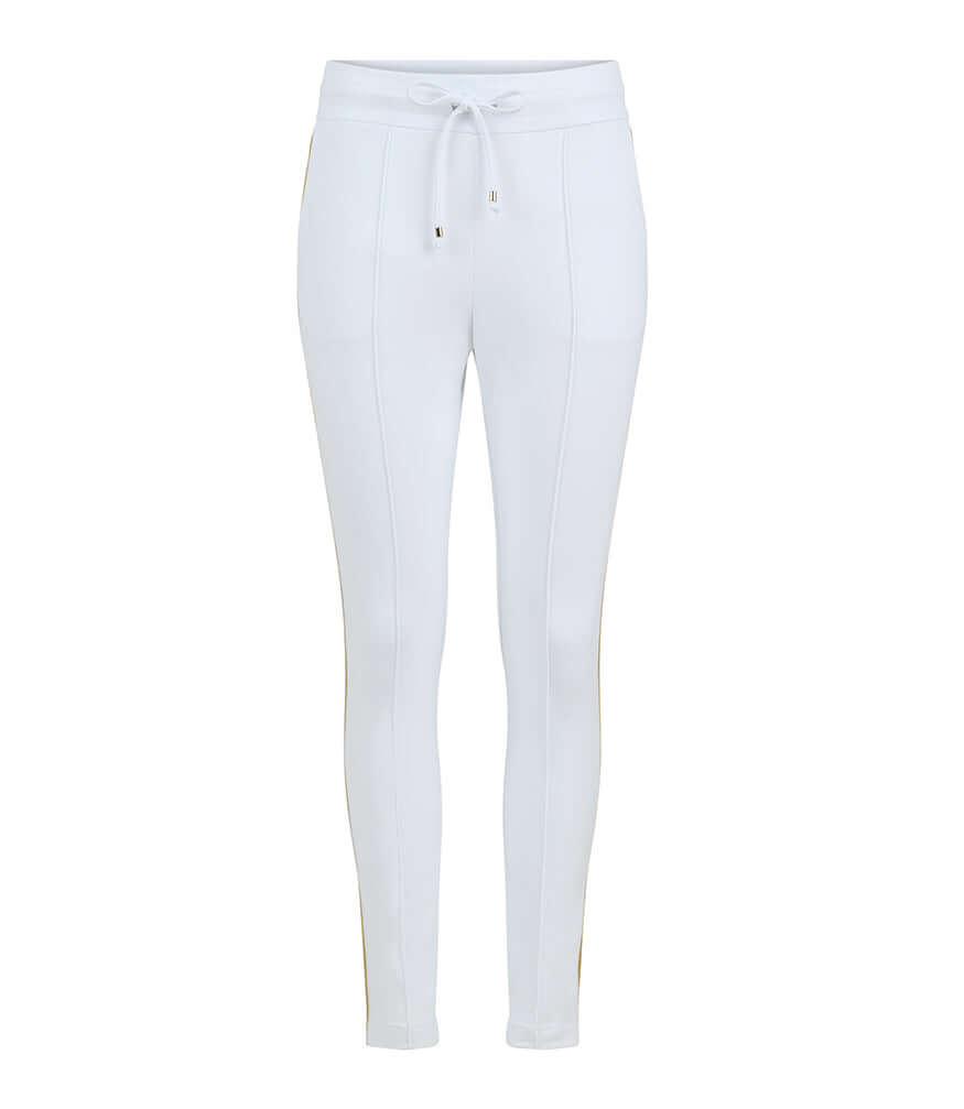 White sweatpants with drawstring waist, tapered legs, and side stripe detail