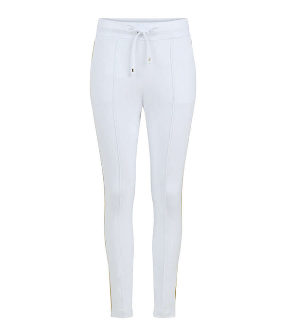 White sweatpants with drawstring waist, tapered legs, and side stripe detail