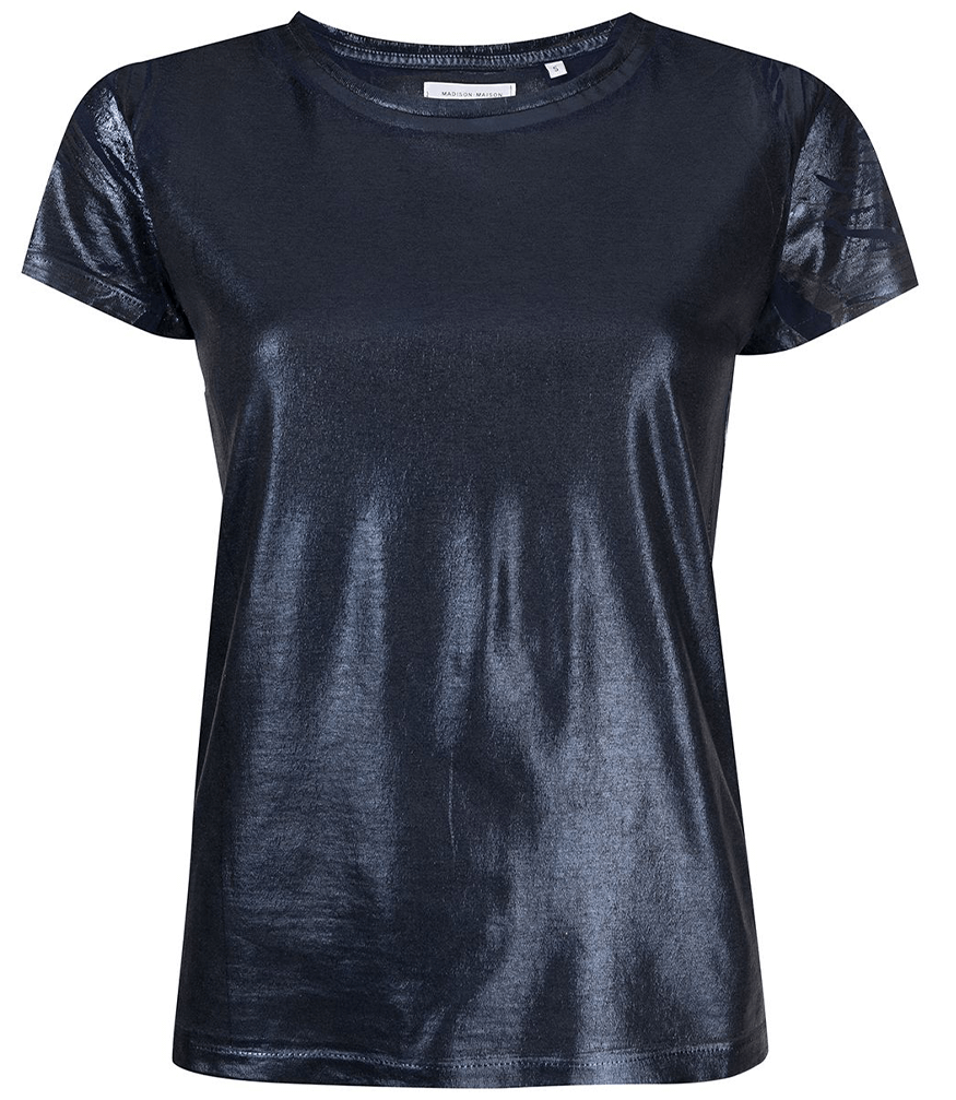 Navy metallic-coated cotton T-shirt, crew neck, short sleeves