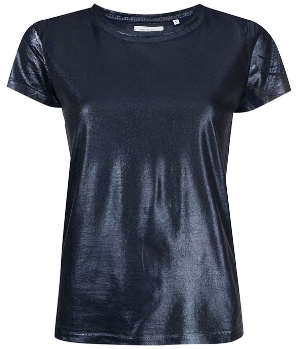 Navy metallic-coated cotton T-shirt, crew neck, short sleeves