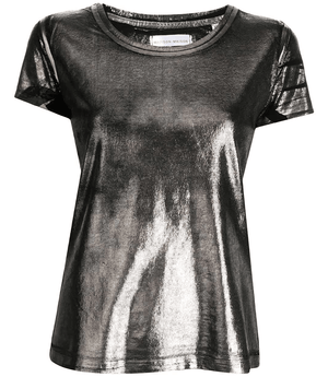 Metallic coated cotton t-shirt, black with silver sheen, crew neck, short sleeves
