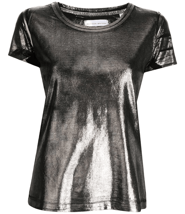 Metallic coated cotton t-shirt, black with silver sheen, crew neck, short sleeves