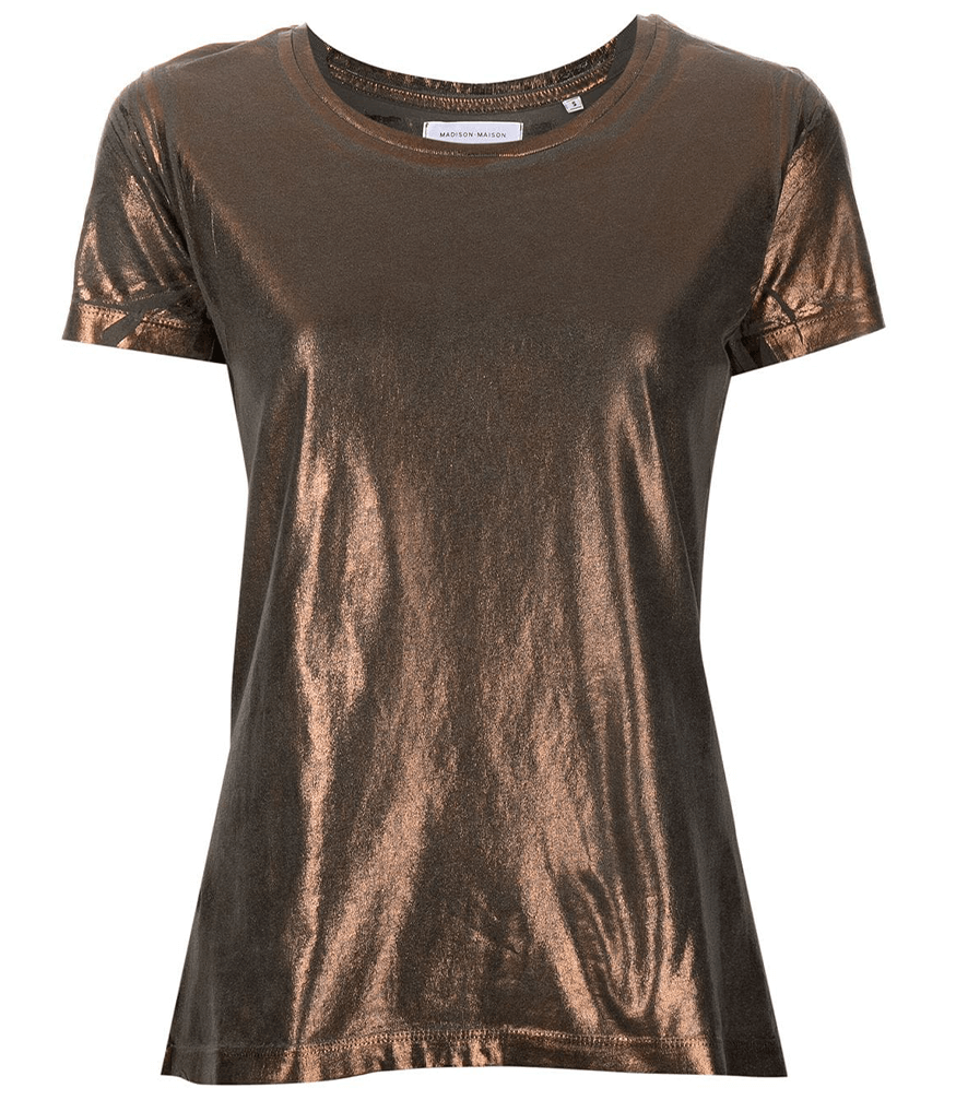 Metallic coated cotton T-shirt, crew neck, short sleeves, bronze sheen