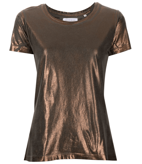 Metallic coated cotton T-shirt, crew neck, short sleeves, bronze sheen