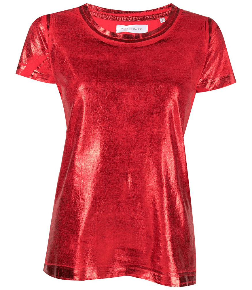 Red metallic-coated cotton T-shirt with crew neck and short sleeves