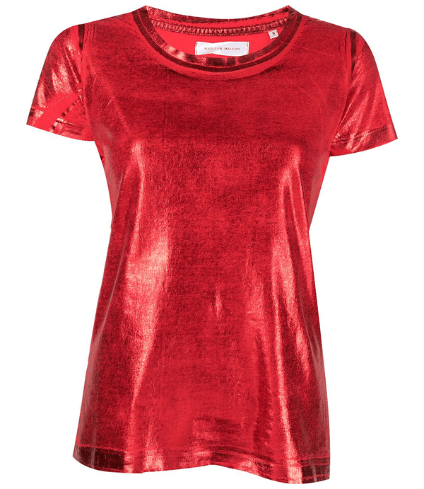 Red metallic-coated cotton T-shirt with crew neck and short sleeves