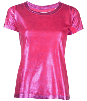 Fuchsia metallic coated cotton T-shirt, crew neck and short sleeves, front view