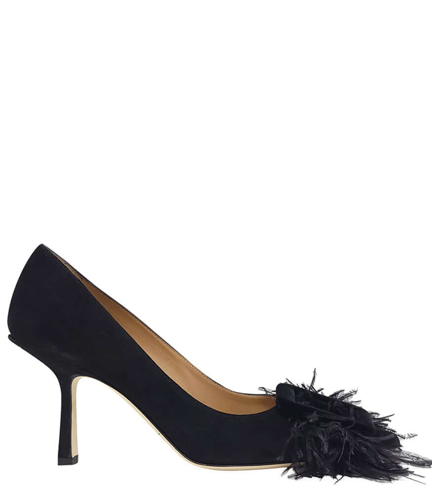 Black suede pointed-toe heel pump with black feather accent along the toe