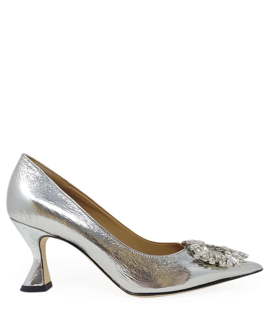 Silver metallic leather pointed-toe pump with jeweled toe detail and kitten heel