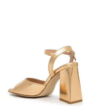 Gold metallic leather heeled sandals with square toe, wide block heel, ankle strap